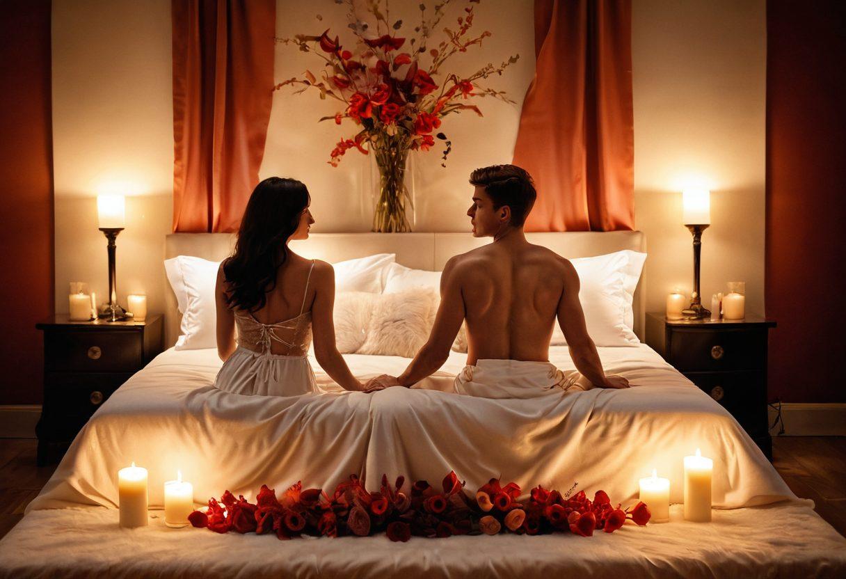 An inviting, intimate setting featuring a tastefully decorated room with soft lighting, plush bedding, and sensual props like feathers and silk ribbons. A couple engaging in a tender, exploratory moment, surrounded by symbols of passion such as candles and aromatic flowers. Elements that represent consent and communication, like a safe word sign, subtly included in the background. Artistic, warm colors to evoke sensuality and comfort. super-realistic. soft focus. warm tones.