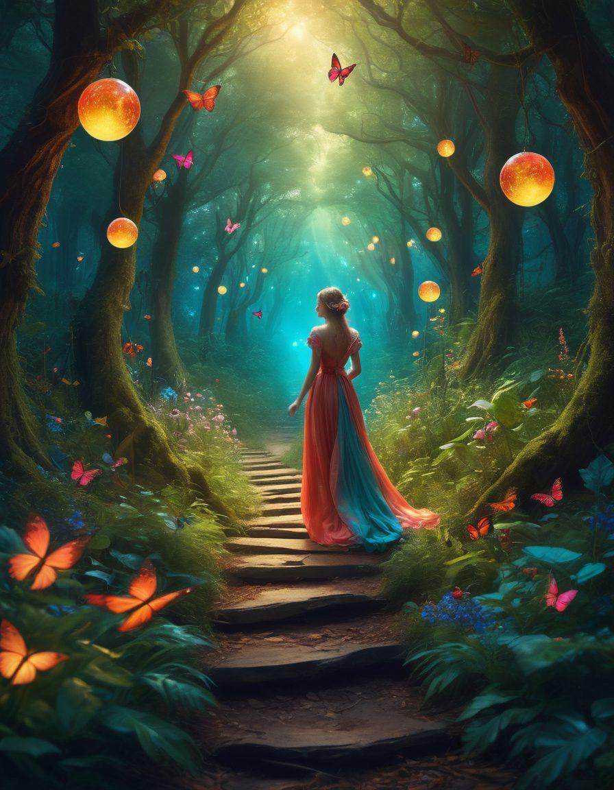 A captivating scene depicting a whimsical journey into a sensual adventure, featuring a mystical forest with ethereal lights and soft shadows, a path winding through lush flora leading to vibrant, colorful fantasies. Add elegantly dressed figures exploring the landscape, embodying allure and curiosity, with dreamy elements such as butterflies and sparkling orbs floating around. surreal art style. vibrant colors. enchanting atmosphere.