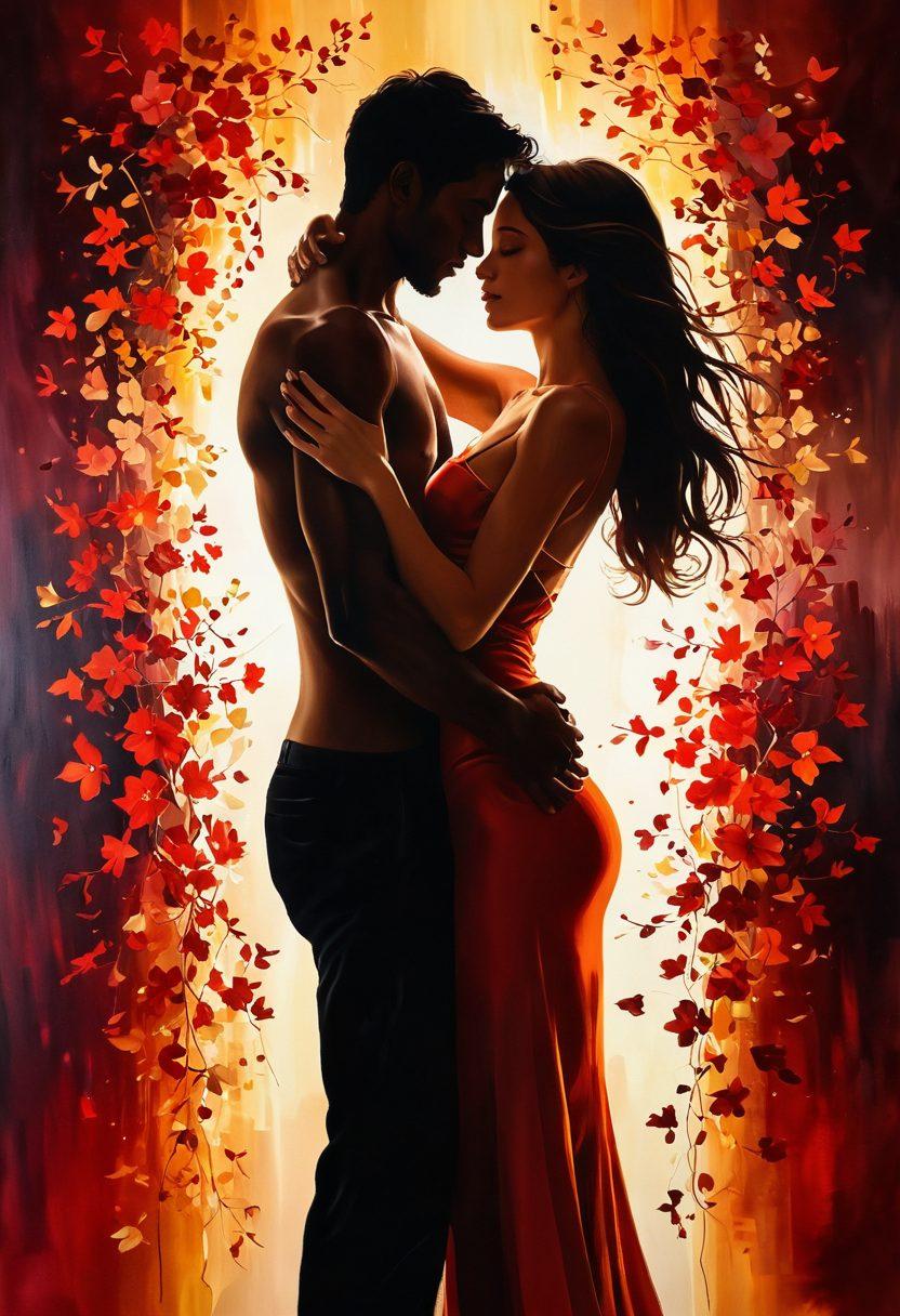 A sensual and artistic representation of intimacy, featuring intertwined silhouettes with soft, glowing light highlighting their forms. The background is adorned with abstract shapes that evoke passion, while delicate petals float around them, symbolizing love and attraction. The color palette should include deep reds and warm golds to enhance the romantic atmosphere. painting. vibrant colors.